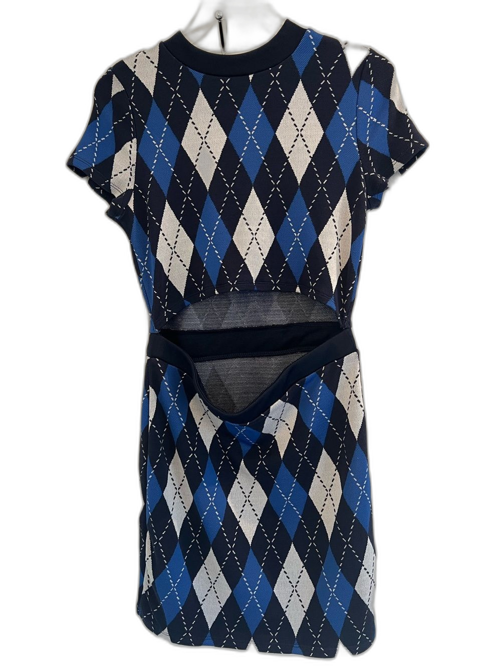 H&M Divided Women’s M Blue Argyle Knit Dress Navy Waistband Front Cutout